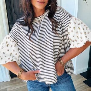 Chic Striped Blouse with Floral Sleeves